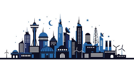 Stylized cityscape silhouette featuring iconic buildings a crescent moon and starry night © arfanah02