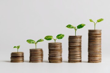 Stacks of Coins with Growing Plants Symbolizing Financial Growth