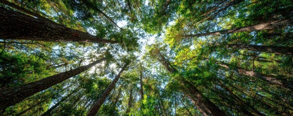 Obraz premium Looking Up Through a Dense Forest Canopy Towards the Bright Sky.