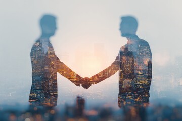 Double Exposure of Businessmen Shaking Hands Over Cityscape at Sunset.