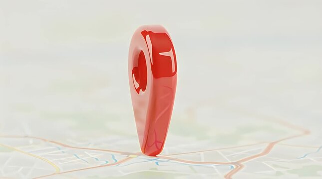 A vibrant glossy red 3D map pin stands prominently on a subtly blurred background, symbolizing important navigation, precise pinpointing, and specific geographical positioning&nbsp;&nbsp;