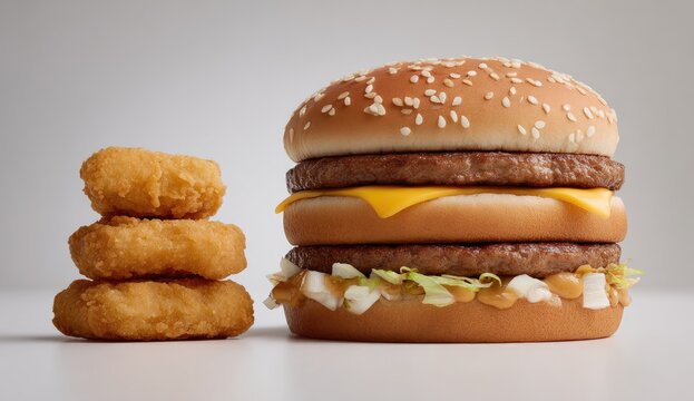 Delicious Big Mac Burger and Chicken Nuggets Stacked Side by Side.