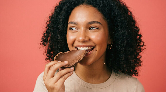 Smiling woman enjoying chocolate treat with curly hair