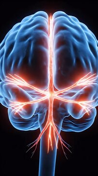 Medical Animation Depicting Trigeminal Nerve Pathway Activation Linked to Headache Pain in a Blue Brain Model with Orange Neural Pathways and Black Background