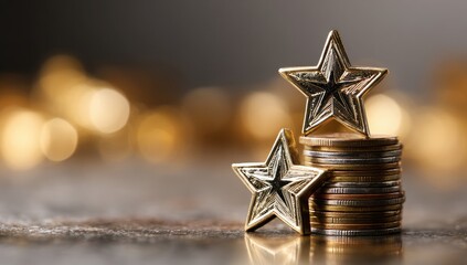 Golden Stars on Stacked Coins Symbolizing Success and Wealth.