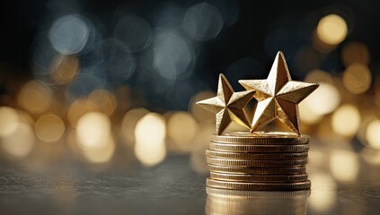Golden Stars atop Stack of Coins Symbolizing Success and Wealth.