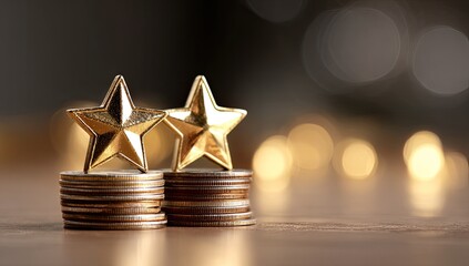 Two Golden Stars Resting on Stacks of Coins with Bokeh Lights Background.