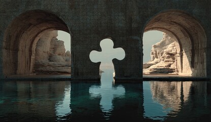 Ancient Cistern with Cross Silhouette and Water Reflections.
