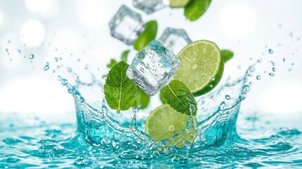 Refreshing splash of water with lime, ice cubes, and mint leaves, a perfect summer drink. The image captures the fresh and cool sensation of a summer drink 