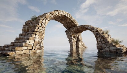 Ancient Stone Bridge Ruins Arching Over Calm Water Under Sky.