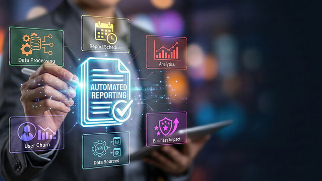 Automated reporting dashboard with predictive analytics platform enhancing data processing visualization and business impact insights for decision