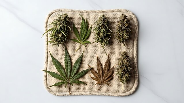 Arrangement of Cannabis Buds and Leaves on a Rustic Woven Surface