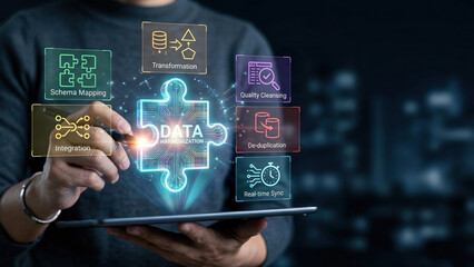 Data harmonization puzzle glowing over tablet illustrating predictive analytics platform for integration transformation quality cleansing de