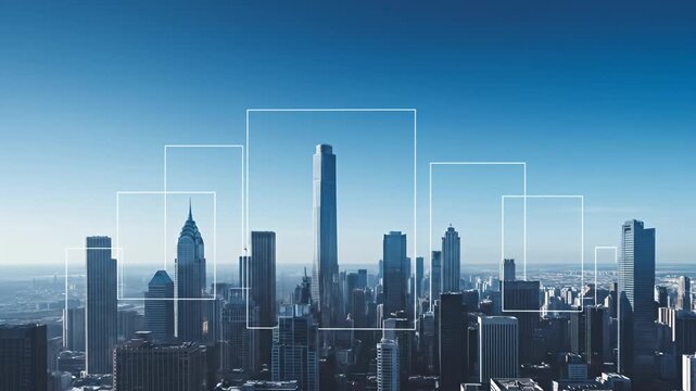 Elevated cityscape under clear blue sky with overlaid white rectangular outlines
