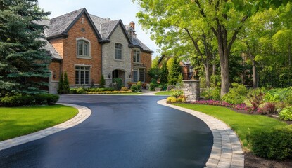 Elegant Luxury Mansion with Lush Green Landscaping and Paved Driveway.