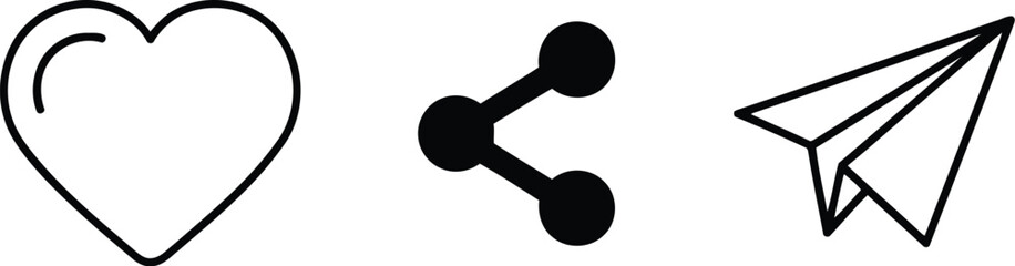 Minimalist Social Media Icons Set &ndash; Heart, Share, Paper Plane Outline for Web and App UI