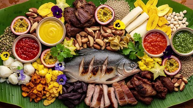 Culinary Abundance: A vibrant composition showcasing an array of fresh, colorful, and delectable ingredients. This stunning display of culinary artistry invites the viewer to savor the visual feast.