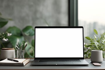 Fototapeta premium Modern Laptop on a Desk with Plants and Notebook.