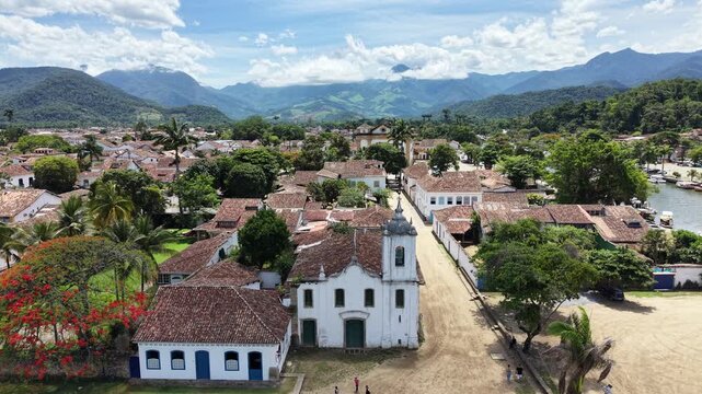 Aerial view of Paraty colonial town with tropical ocean and mountains Brazil