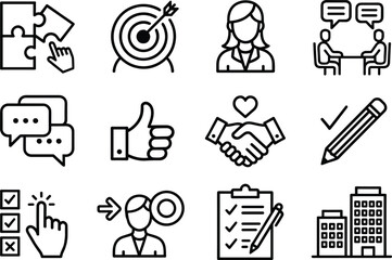 Fototapeta premium Business icon set with silhouettes of people sitting, walking, and diverse group including man in wheelchair for inclusion and teamwork.
