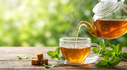 Hot herbal green tea being poured into a glass cup with fresh mint leaves.