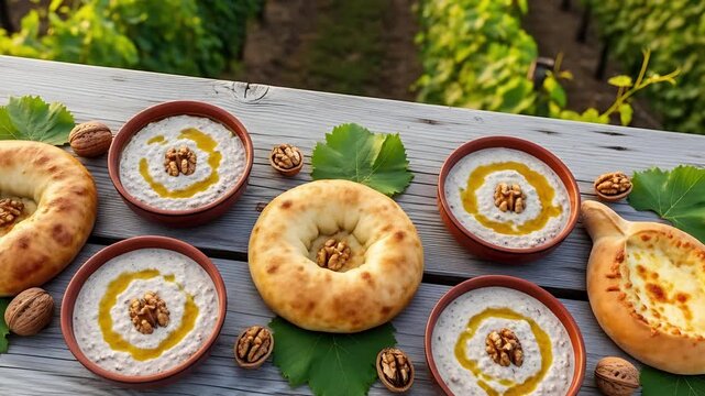 Culinary Symphony: An enticing spread of fresh baked bread, creamy walnut dips and decorative embellishments, beckoning the viewer with its inviting array of textures and colors