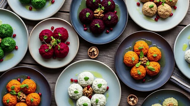 Culinary Palette: A vibrant display of diverse, artfully presented food in an enticing tableau of color and flavor, each plate promises a unique culinary adventure.