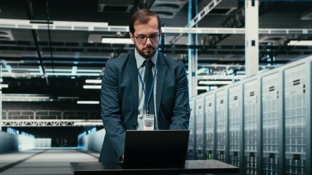 Data center technician using laptop and augmented reality to install upgraded server racks systems. Worker using automation tools to monitor server farm performance, VFX overlay, camera B