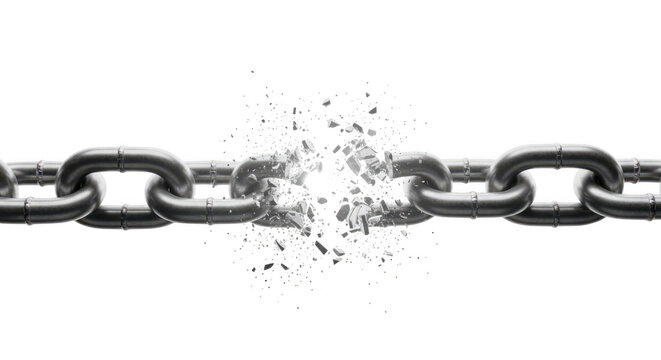Broken chain link on transparent background with particles flying apart