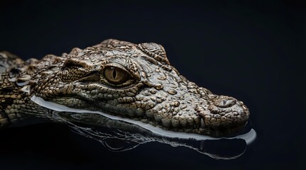Fototapeta premium Crocodile head emerging from dark water with detailed scaly skin texture and piercing golden eye creating dramatic wildlife portrait for nature photography.