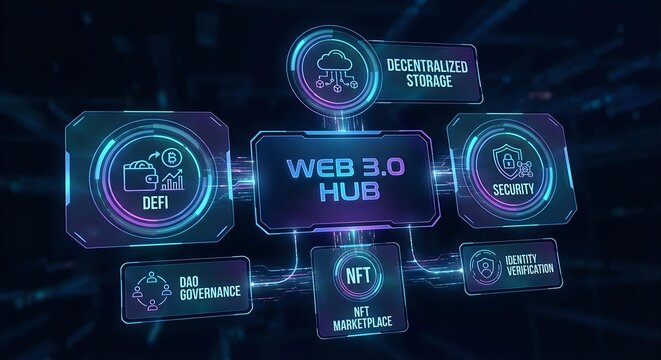 Web 3.0 hub interface with blockchain technology icons including DeFi, NFT, and decentralized storage on dark digital background for fintech presentations.
