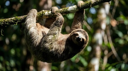 Fototapeta premium Three-toed sloth hanging upside down from moss-covered branch in tropical rainforest canopy with natural green bokeh background for wildlife photography.