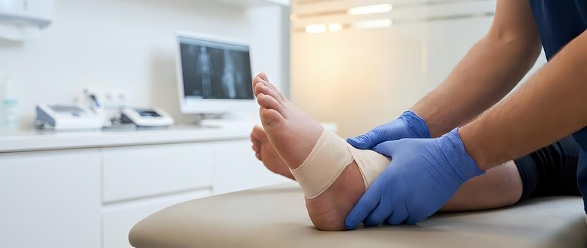 Medical professional applying elastic bandage to patient ankle in modern clinic examination room for injury treatment and rehabilitation support.