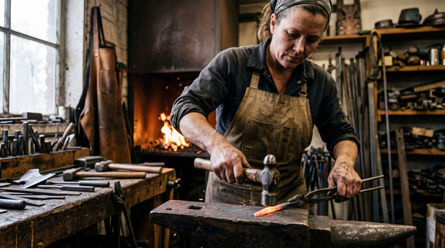 A skilled professional female blacksmith in a leather apron hammers a piece of glowing hot metal on a traditional anvil inside a rustic workshop with a burning forge fire in the background