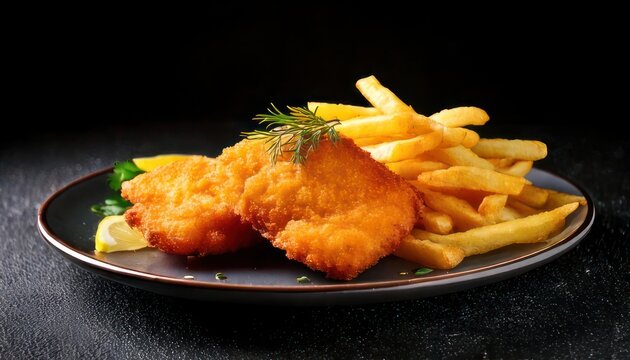 Golden Fried Fish and Chips Delight on a Dark Plate.
