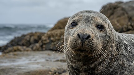 Fototapeta premium Young grey seal pup with whiskers resting on rocky coastline near ocean waves during overcast day for wildlife and marine mammal content.