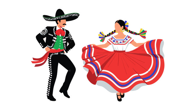 Vector illustration of a couple in traditional clothing performing a Mexican folk dance.