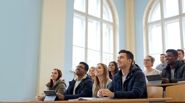 Diverse group of professional students attending business lecture in modern university classroom with large arched windows and natural lighting.