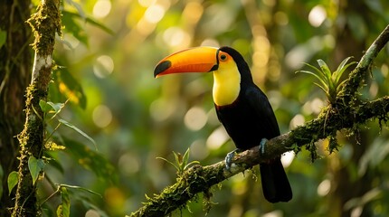 Fototapeta premium Vibrant toucan with orange beak perched on moss-covered branch in lush tropical rainforest with golden sunlight filtering through green foliage.