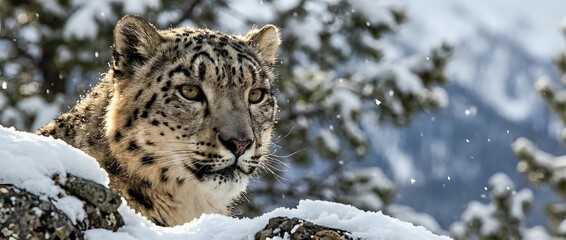 Fototapeta premium Snow leopard resting on snowy rocky ledge in winter mountain habitat. Wild big cat with spotted fur pattern in natural alpine environment for wildlife conservation.