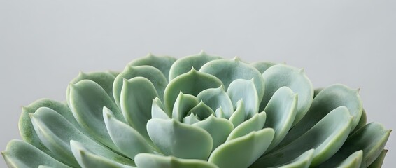 Fototapeta premium Close-up of green succulent plant with thick fleshy leaves arranged in rosette pattern against neutral background for home decor and botanical design projects.