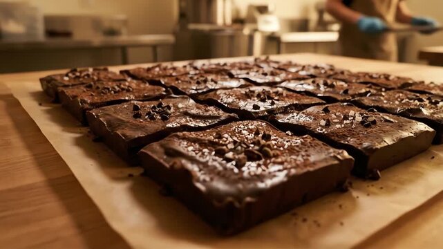 Close up of freshly baked chocolate fudge brownies topped with sea salt and chips, arranged on parchment paper in a bakery for sweet indulgence concept