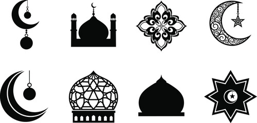 Black and white islamic symbols and architectural including crescents moons domes and geometric patterns © MstMoksada
