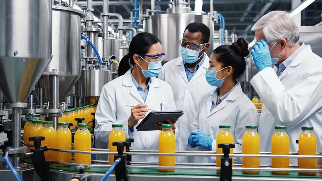 Diverse team of scientists in face masks inspecting juice bottles on a factory production line for quality control concept and industrial food safety