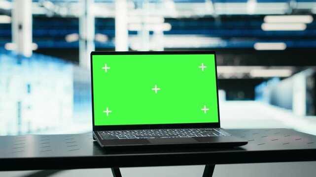 Isolated screen laptop in data center and augmented reality virtualization managing database storage rackmounts. Mockup notebook used for creating digital twin scan of cloud computing server farm