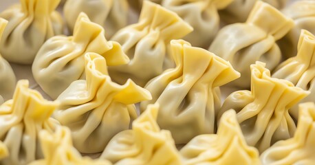Exquisite traditional Asian dumplings with intricate pleated dough, fresh and uncooked, ready for culinary preparation.