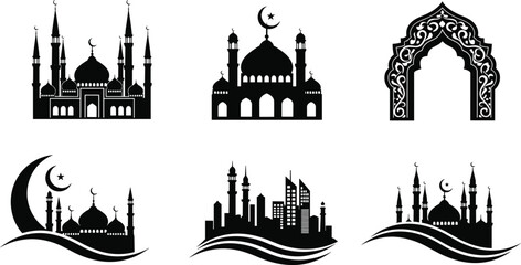 Black and white of mosques, city skylines, and architectural with crescent moons minarets domes © MstMoksada