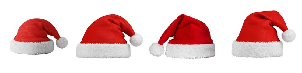 Classic Santa hat set, red velvet Christmas caps collection, festive holiday headwear with white fur trim and pom-pom, PNG isolated on white.