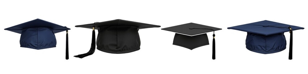 Graduation mortarboard set, academic cap and tassel collection, university commencement headwear, navy and black graduation hats for students, PNG isolated on white.