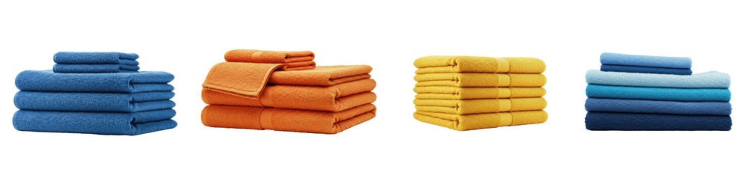 Stacked cotton towel set, colorful bath towels collection, blue orange yellow soft fabric stacks, home bathroom textile laundry supplies, PNG isolated on white